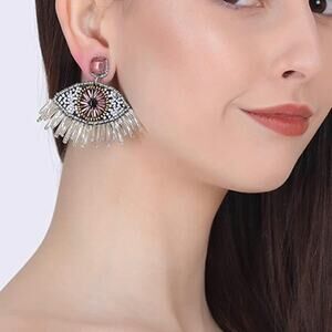 White Pink beaded jewel drop evil eye earrings